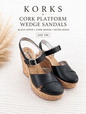 Korks Black Cork Platform Wedge Sandals Size 11 Retro Boho Platform